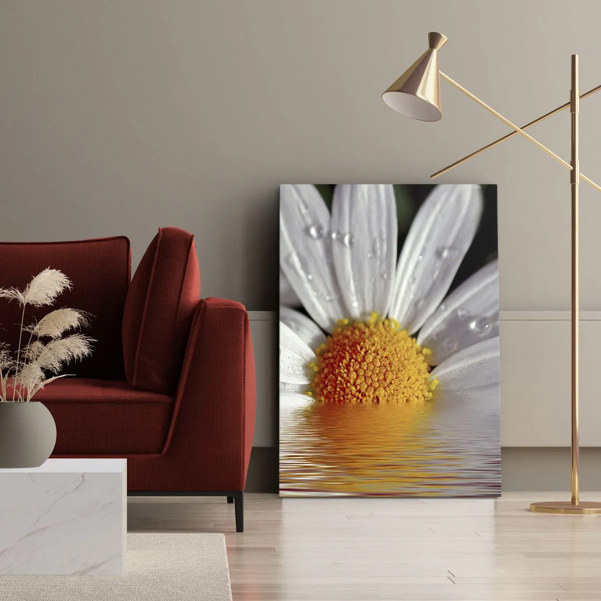 Bild auf Leinwand - Leinwandbild - Ein weißes Gänseblümchen mit Wassertropfen, eingetaucht in eine Wasserspiegelung - 50x70cm - Die aufgehende Sonne der Gänseblümchen - Moderne Wanddekoration für Wohnzimmer und Schlafzimmer ARTTOR
