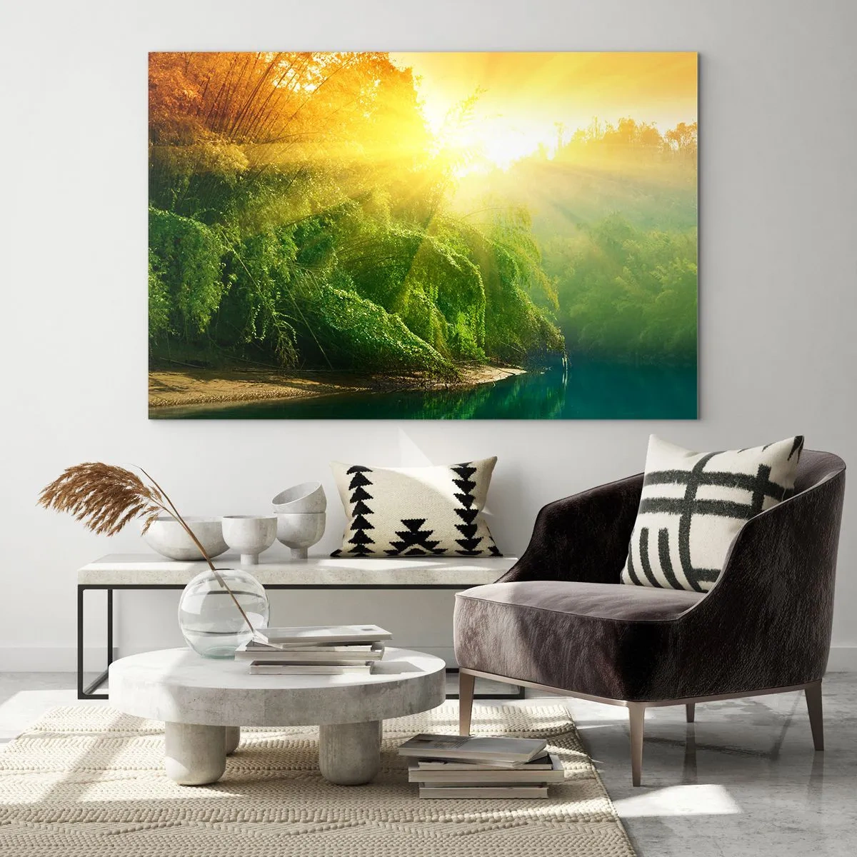 Glasbild - Bild auf glas - Sonnenstrahlen über der grünen Vegetation am Fluss - 120x80cm - In Sonne und Schatten ertrinken - Moderne Wanddekoration für Wohnzimmer und Schlafzimmer ARTTOR