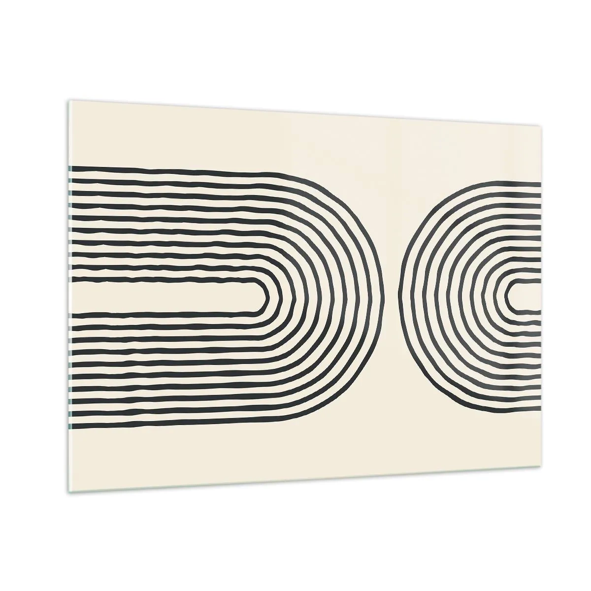 Glasbild - Bild auf glas - Ein abstraktes Gemälde in Schwarzweiß, das bogenförmige Linien darstellt. - 100x70cm - In einem Moment ... - Moderne Wanddekoration für Wohnzimmer und Schlafzimmer ARTTOR