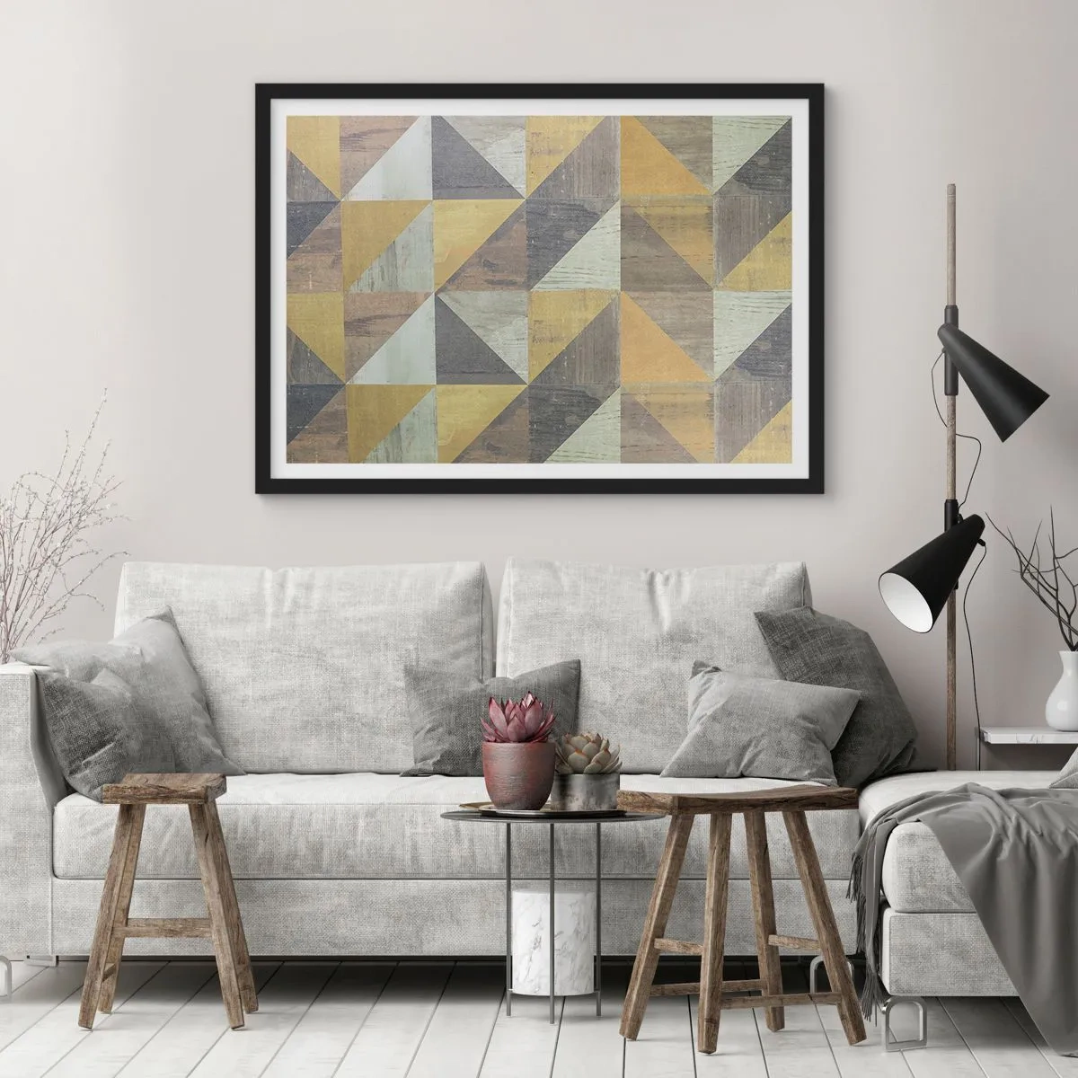 Poster in einem schwarzem Rahmen - Geometrische Komposition aus Dreiecken in erdigen Farbtönen - 70x50cm - Am Winkel des Dreiecks - Moderne Wanddekoration für Wohnzimmer und Schlafzimmer ARTTOR