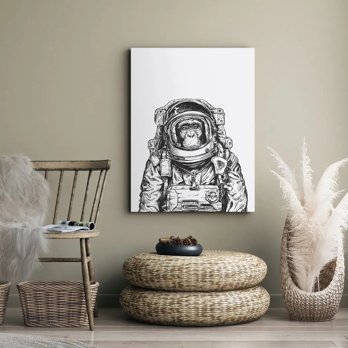 Bild auf Leinwand - Leinwandbild - Grafik eines Astronauten im Raumanzug mit Affenkopf - 80x120cm - Alternative Evolution - Moderne Wanddekoration für Wohnzimmer und Schlafzimmer ARTTOR