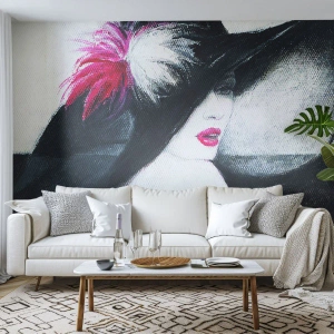 Fototapete Premium Canvas - Immer ein Geheimnis - Frau, In, A, Hat, Das Gesicht einer Frau, rote Lippen - 500x350 cm