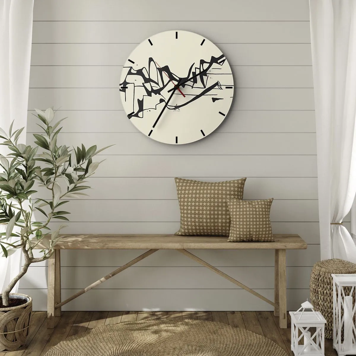 Wanduhr - Glasuhr - Abstrakte schwarze Linien auf cremefarbenem Hintergrund, die einer Landschaft ähneln. - 30x30cm - Vielleicht eine Landschaft - Moderne Wanddekoration für Wohnzimmer, Küche und Schlafzimmer ARTTOR