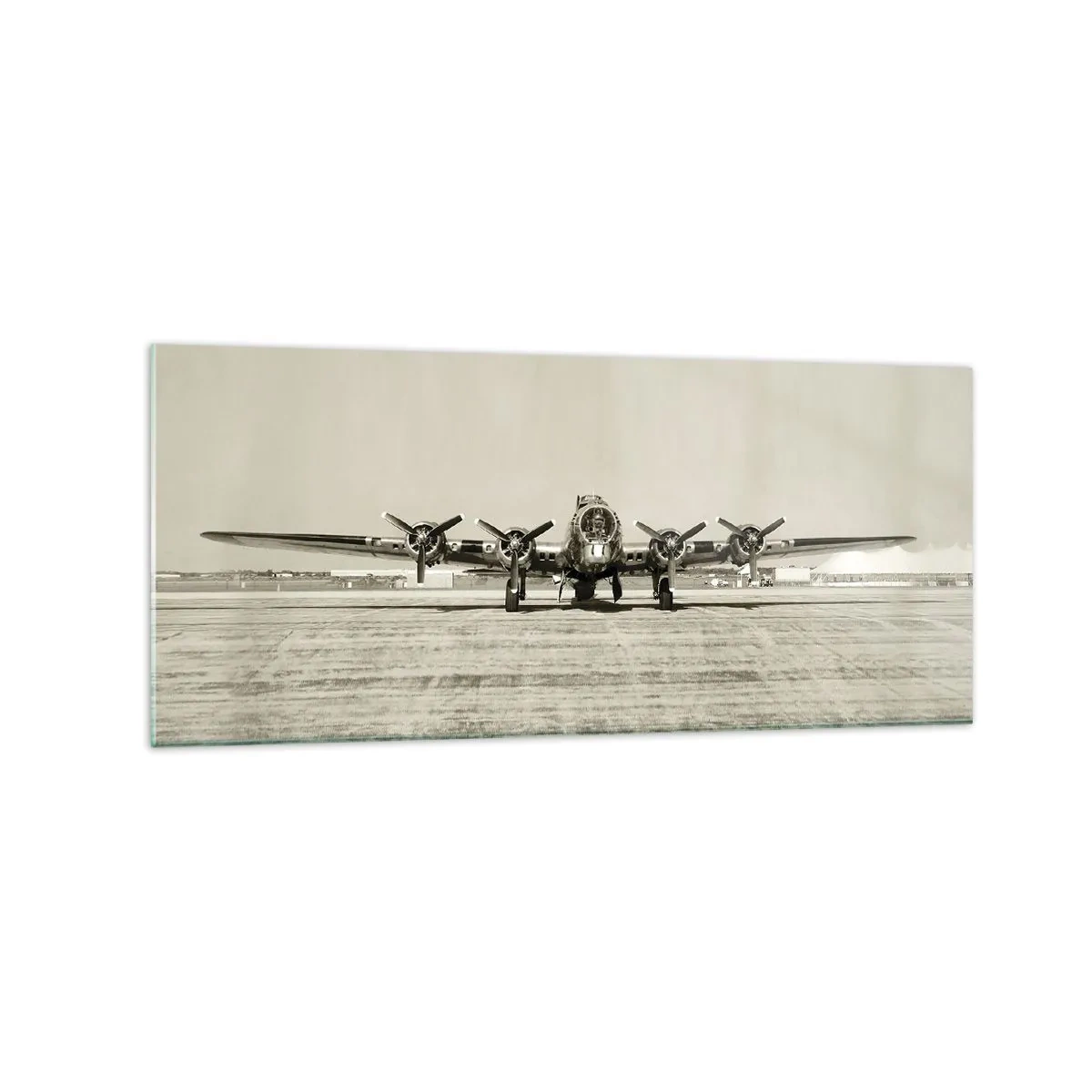 Glasbild - Bild auf glas - Historisches Flugzeug auf dem Flughafen in Sepia - 120x50cm - Wie immer bereit - Moderne Wanddekoration für Wohnzimmer und Schlafzimmer ARTTOR