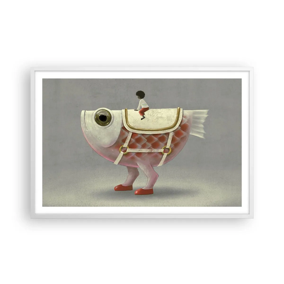 Poster in einem weißen Rahmen - Reiter auf einem surrealen Fisch - 91x61 cm