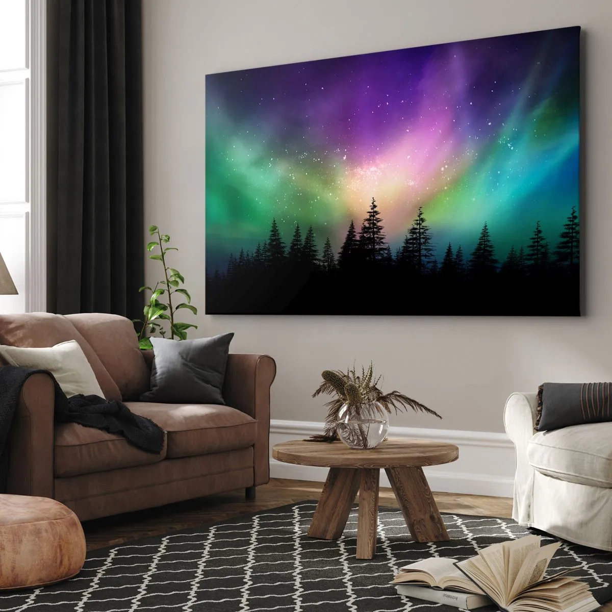 Bild auf Leinwand - Leinwandbild - Aurora Borealis über einem Wald mit Sternenhimmel - 120x80cm - weiße Magie - Moderne Wanddekoration für Wohnzimmer und Schlafzimmer ARTTOR