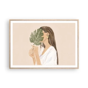 Poster in einem Rahmen aus heller Eiche - Geheimnisvolles Porträt mit Fächer - 100x70 cm