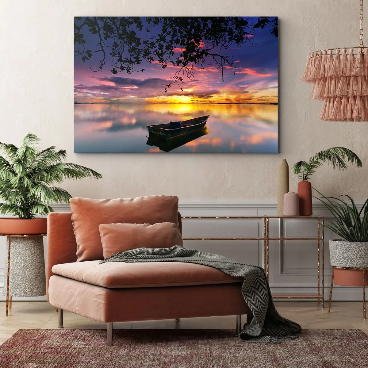 Bild auf Leinwand - Leinwandbild - Ein Boot auf ruhigem Wasser bei Sonnenuntergang - 100x70cm - Du scheinst mitten am Himmel zu hängen... - Moderne Wanddekoration für Wohnzimmer und Schlafzimmer ARTTOR