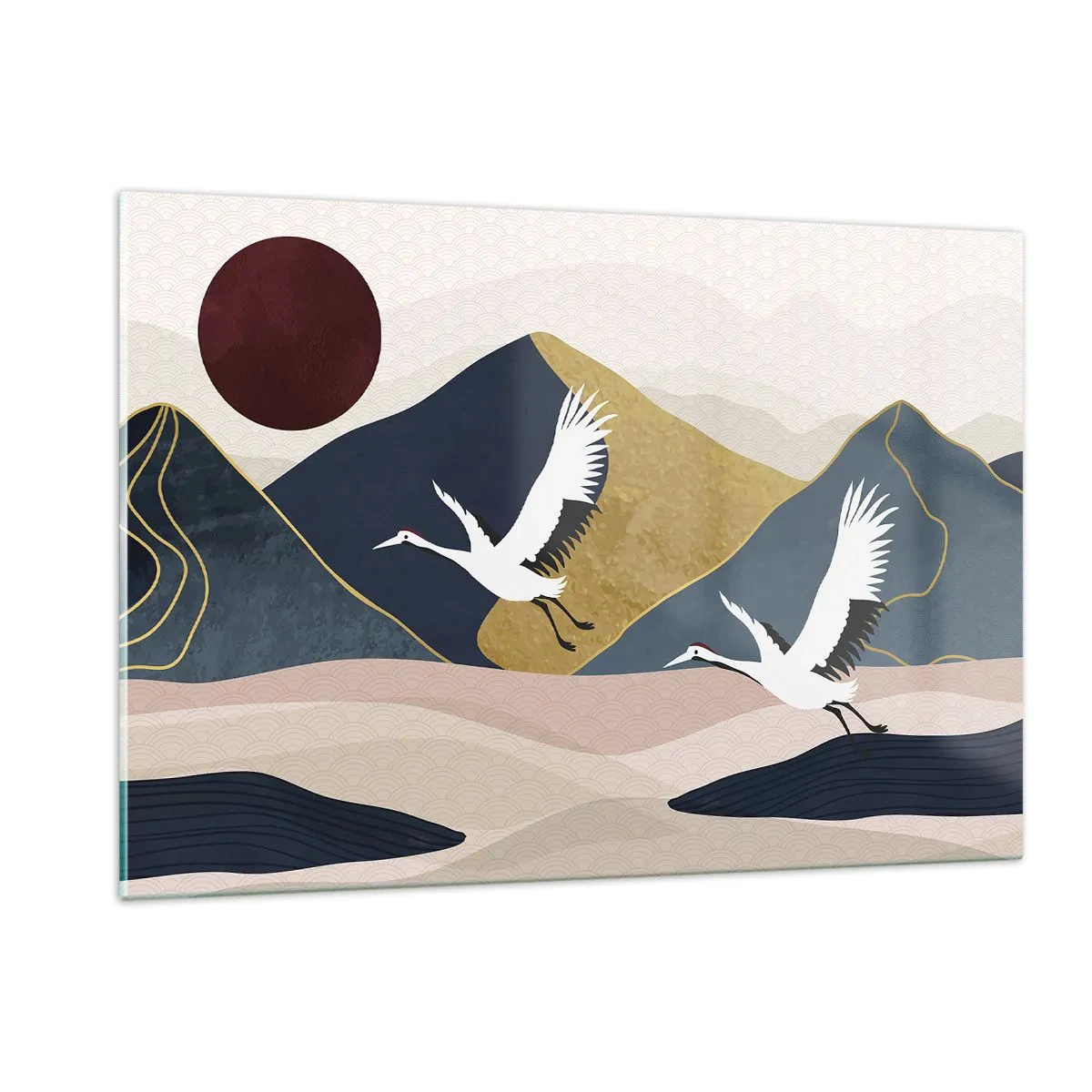 Glasbild - Bild auf glas - Zwei Kraniche fliegen über eine hügelige Landschaft mit einer roten Sonne. - 120x80cm - Es ist wieder ein Tag VERFLOGEN - Moderne Wanddekoration für Wohnzimmer und Schlafzimmer ARTTOR