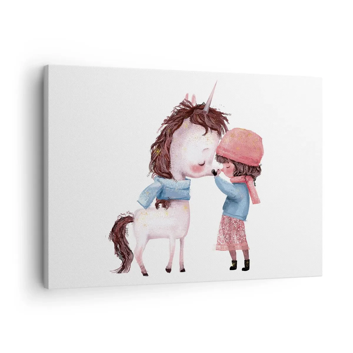 Bild auf Leinwand - Leinwandbild - Ein Mädchen und ein Einhorn in einer Winterlandschaft - 70x50cm - Ein Wintermärchen - Moderne Wanddekoration für Wohnzimmer und Schlafzimmer ARTTOR