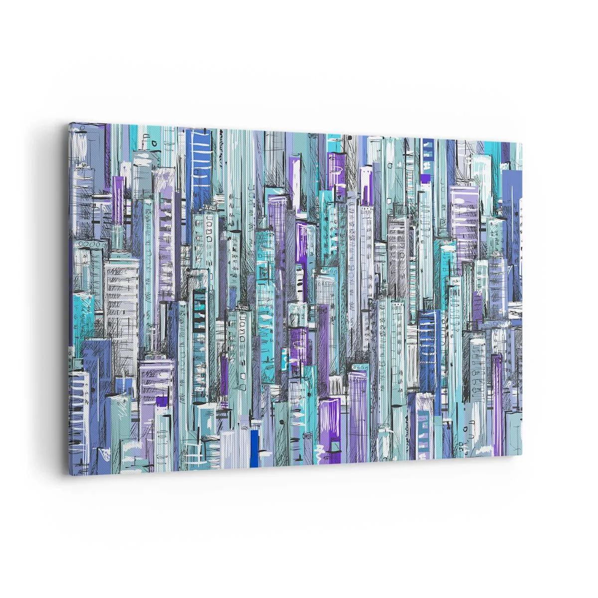 Bild auf Leinwand - Leinwandbild - Illustration einer Stadt mit geometrischen Gebäuden in Blau- und Lilatönen. - 120x80cm - Bläulich von dem Himmel - Moderne Wanddekoration für Wohnzimmer und Schlafzimmer ARTTOR