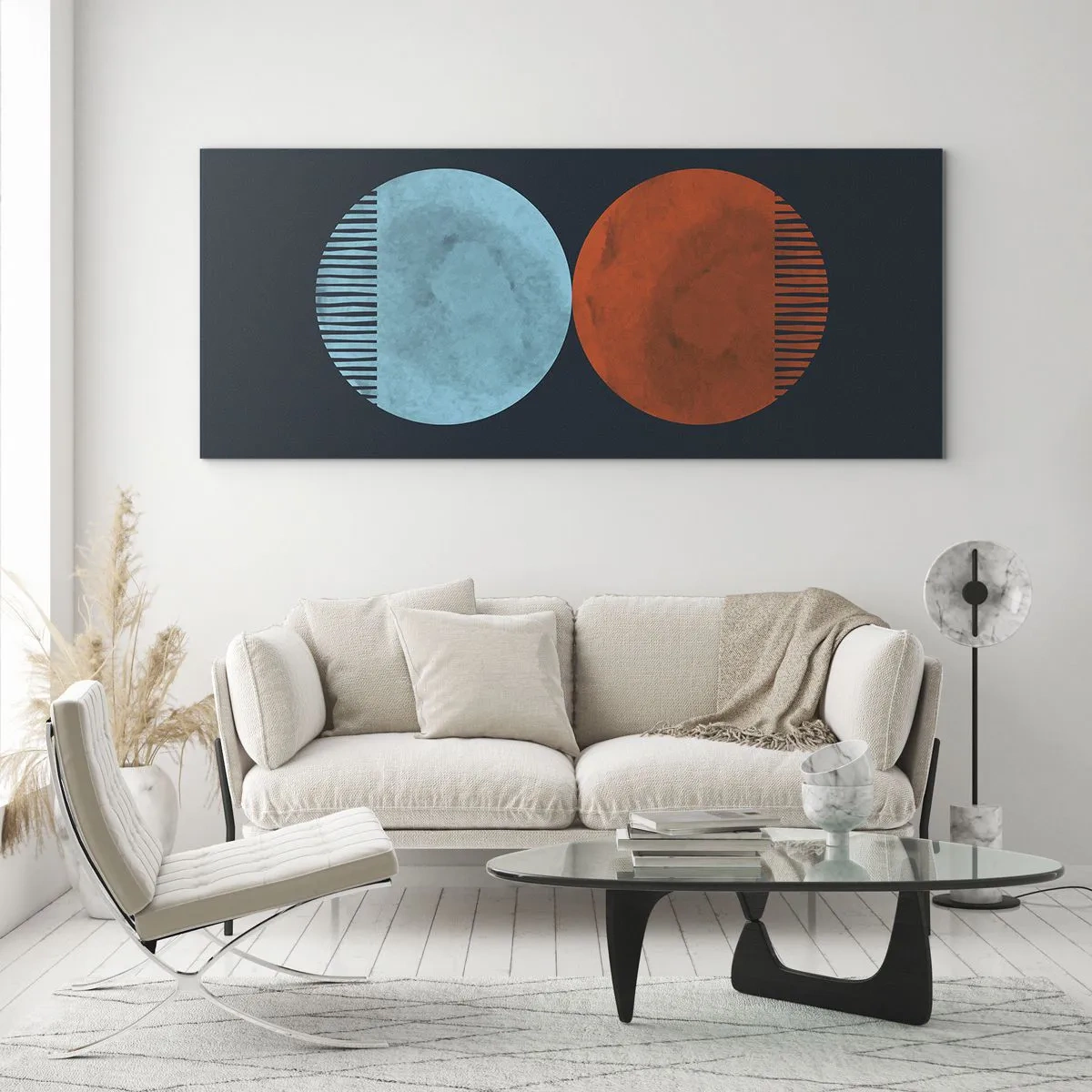 Glasbild - Bild auf glas - Minimalistisches Zweirad-Design in Blau und Orange - 160x50cm - Nur Geometrie? - Moderne Wanddekoration für Wohnzimmer und Schlafzimmer ARTTOR