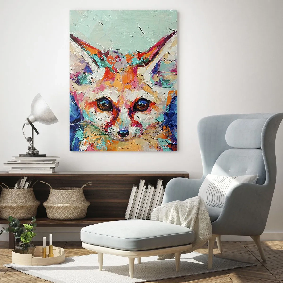 Glasbild - Bild auf glas - Farbenfrohes Porträt eines Fuchses mit ausdrucksstarken Augen und kräftigen Pinselstrichen - 50x70cm - Bist du bereit für mich? - Moderne Wanddekoration für Wohnzimmer und Schlafzimmer ARTTOR