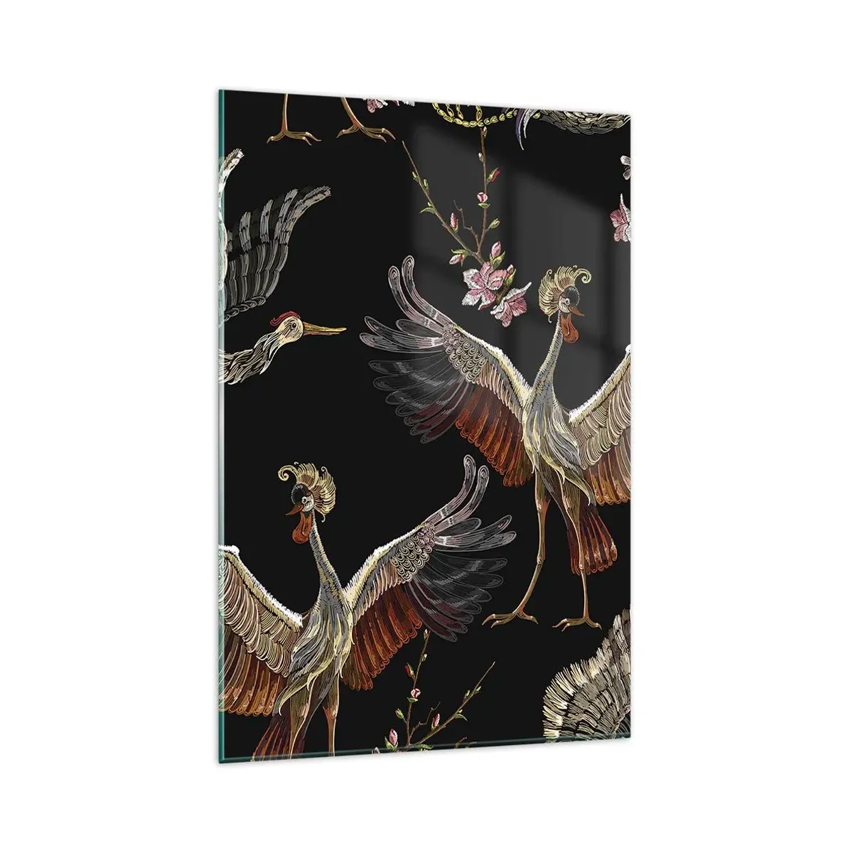 Glasbild - Bild auf glas - Stilvolle Kraniche und Blumen auf schwarzem Hintergrund - 80x120cm - Märchenvogel - Moderne Wanddekoration für Wohnzimmer und Schlafzimmer ARTTOR