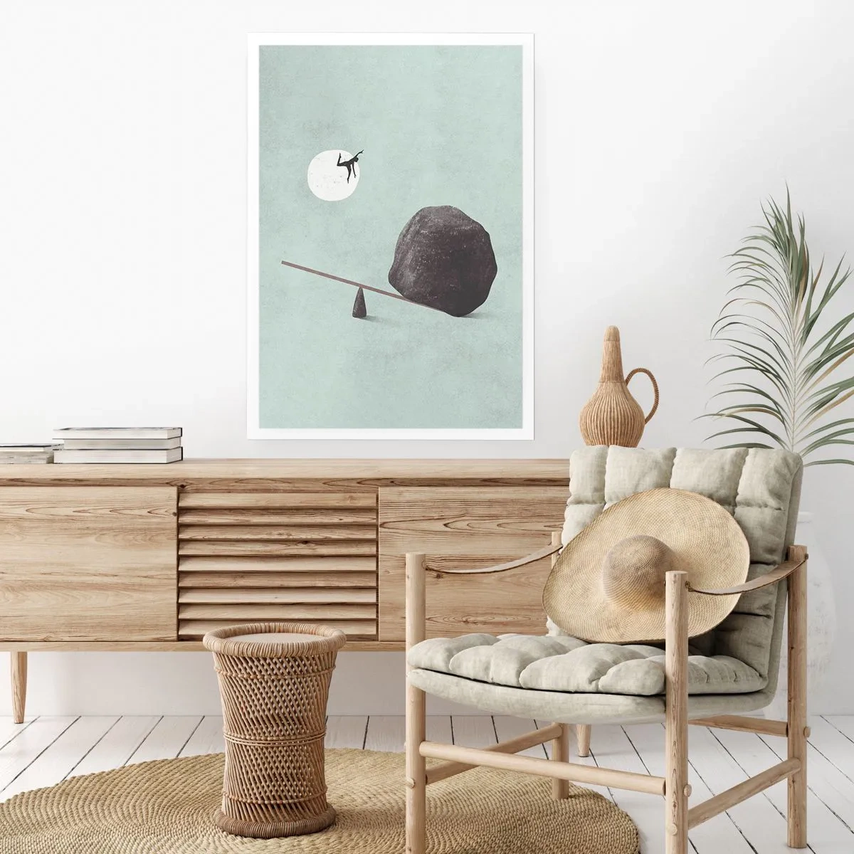 Poster - Eine minimalistische Waage mit einem Stein und einer Figur vor dem Hintergrund des Mondes - 50x70cm - Erfüllte Träume - Moderne Wanddekoration für Wohnzimmer und Schlafzimmer ARTTOR