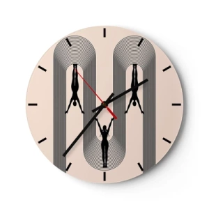 Wanduhr - Glasuhr - Schwarze Silhouetten von Figuren in Bewegung zwischen geometrischen Bögen - 30x30cm - Verkehrt herum - Moderne Wanddekoration für Wohnzimmer, Küche und Schlafzimmer ARTTOR