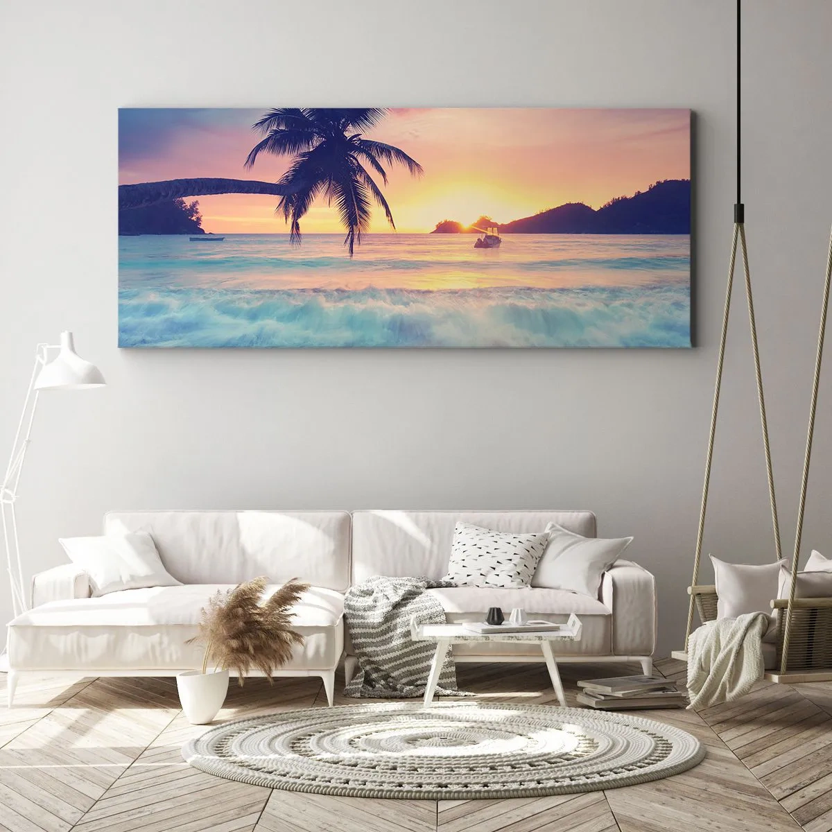 Bild auf Leinwand - Leinwandbild - Strand mit Palmen und Sonnenuntergang über dem Meer - 140x50cm - Ein Abend in der Bucht - Moderne Wanddekoration für Wohnzimmer und Schlafzimmer ARTTOR