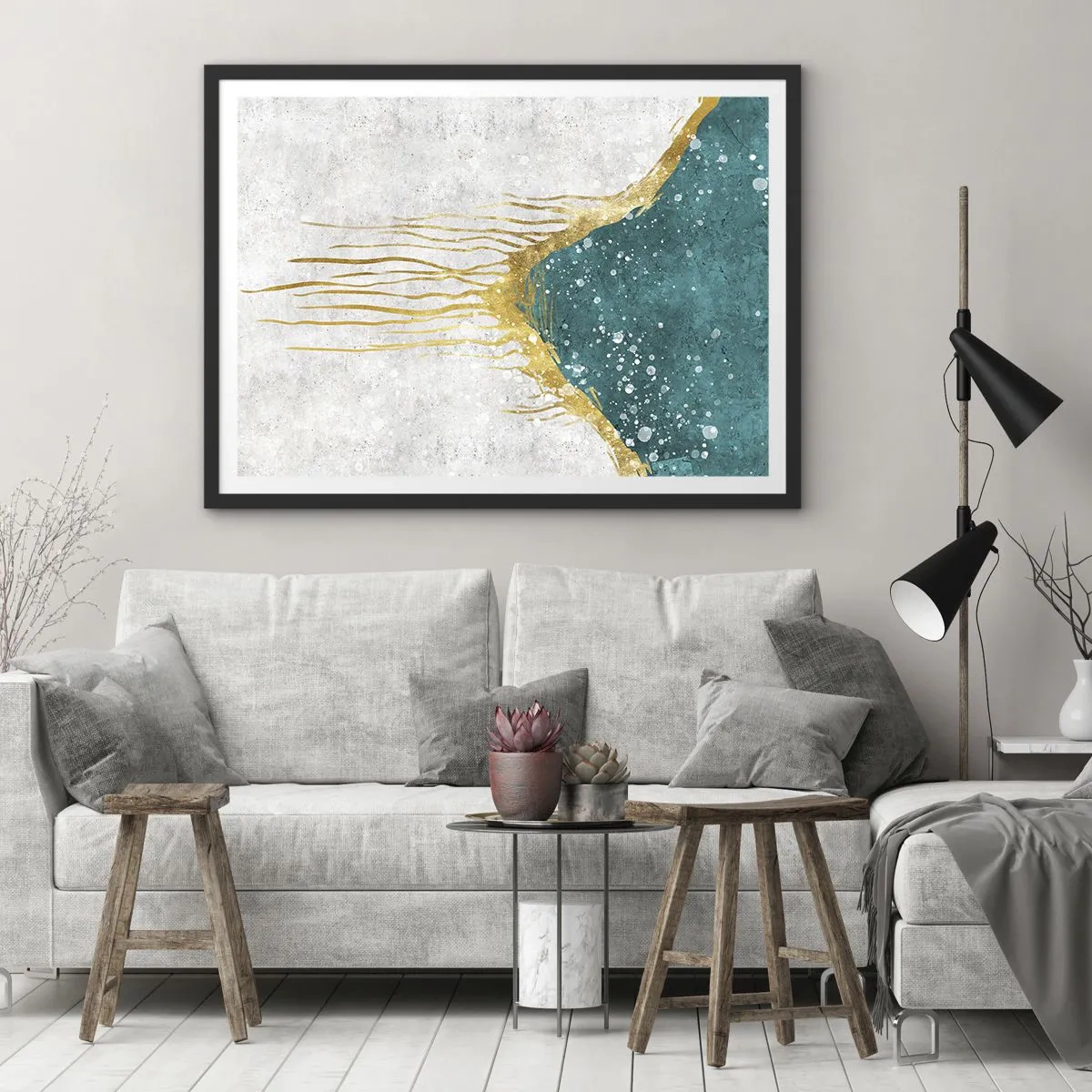 Poster in einem schwarzem Rahmen - Eine abstrakte Komposition in Gold- und Türkistönen - 70x50cm - Goldene Flut - Moderne Wanddekoration für Wohnzimmer und Schlafzimmer ARTTOR