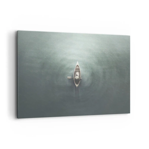 Bild auf Leinwand - Leinwandbild - Ein einsames Boot auf ruhigem Wasser in minimalistischer Umgebung - 100x70cm - Durch den Mondsee - Moderne Wanddekoration für Wohnzimmer und Schlafzimmer ARTTOR