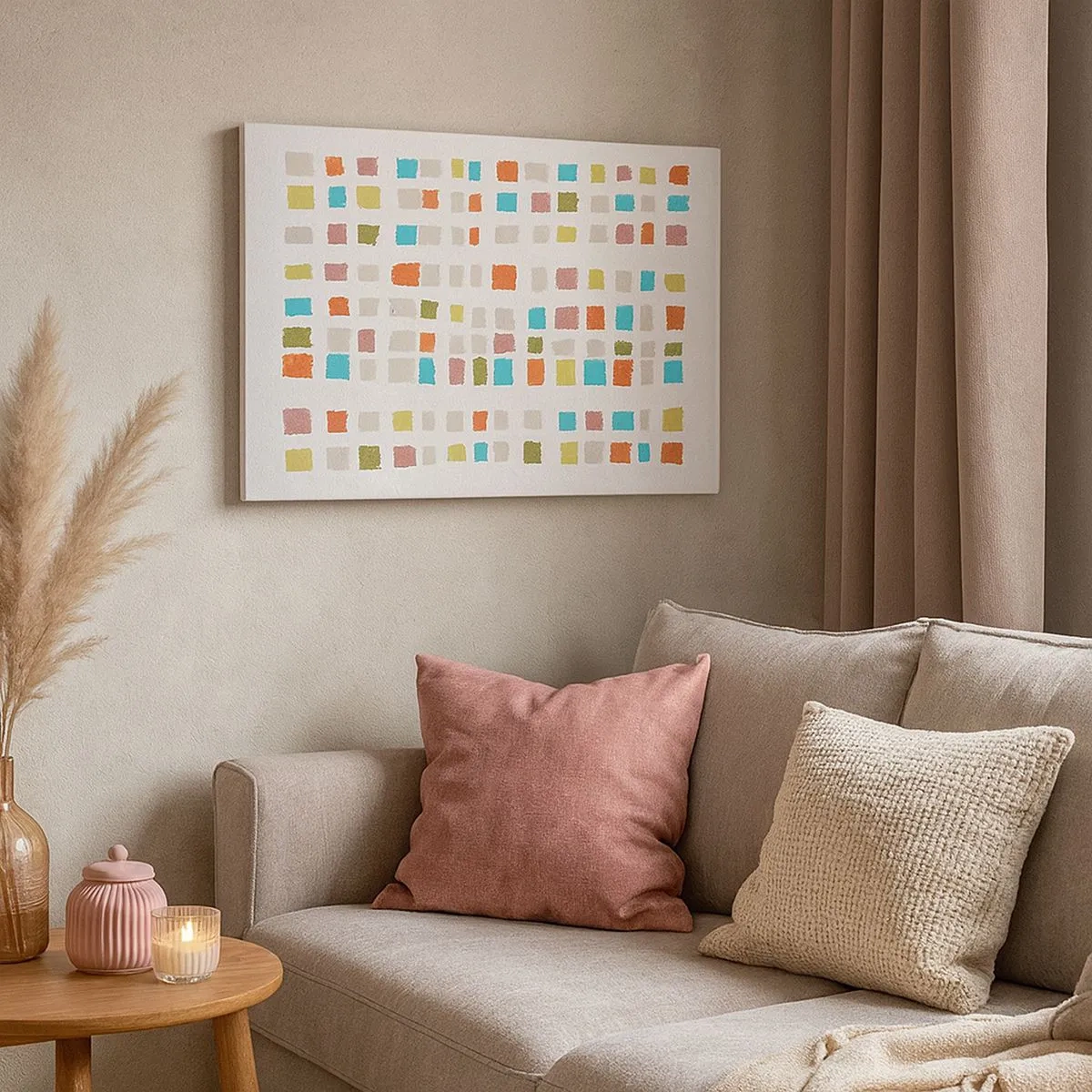 Bild auf Leinwand - Leinwandbild - Bunte Quadrate in minimalistischer Anordnung auf weißem Hintergrund - 70x50cm - Unbekanntes Spiel - Moderne Wanddekoration für Wohnzimmer und Schlafzimmer ARTTOR