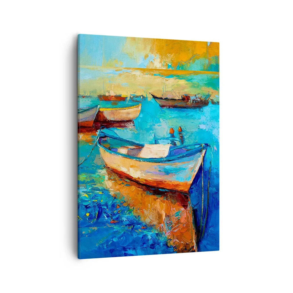 Bild auf Leinwand - Leinwandbild - Bunte Boote vertäut auf ruhigem Wasser - 50x70cm - In der südlichen Bucht - Moderne Wanddekoration für Wohnzimmer und Schlafzimmer ARTTOR