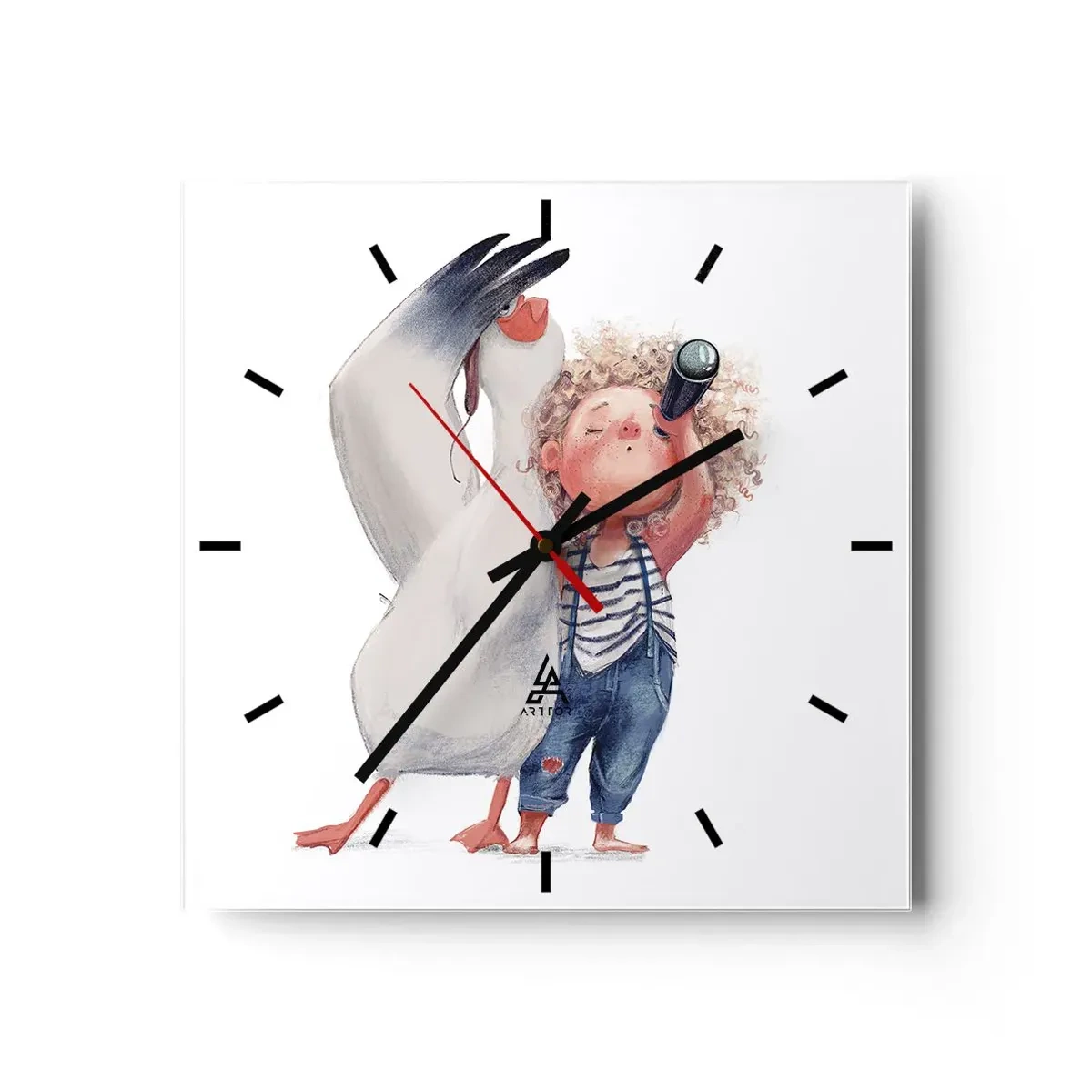 Wanduhr - Glasuhr - Illustration eines Kindes mit einem Pelikan und einem Teleskop in der Hand - 30x30cm - Toller Reiseplan - Moderne Wanddekoration für Wohnzimmer und Schlafzimmer ARTTOR