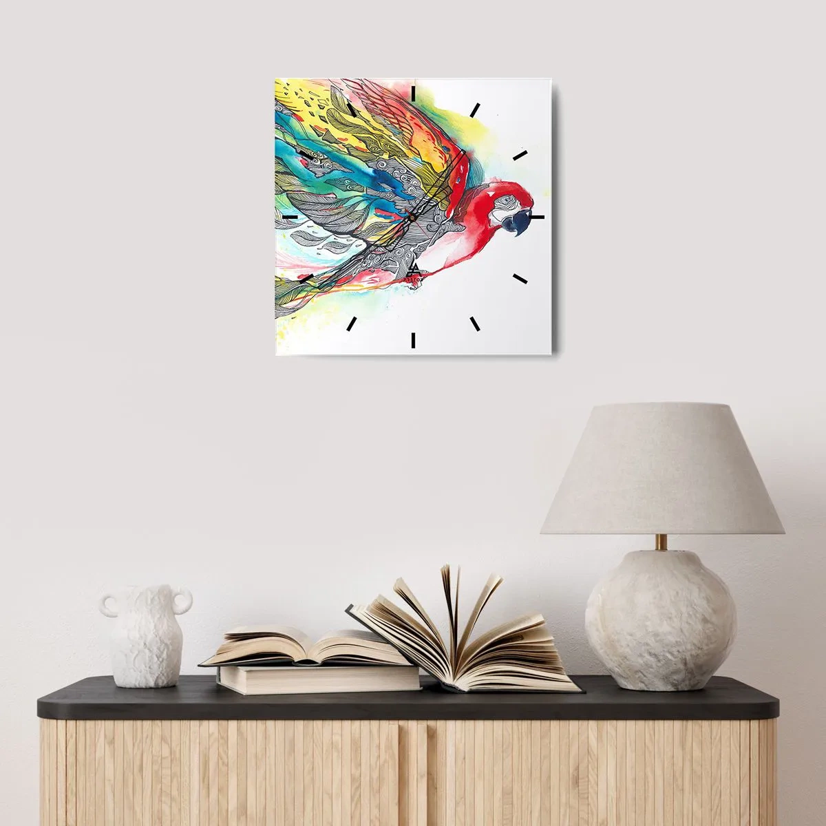 Wanduhr - Glasuhr - Ein bunter Papagei im Flug mit abstrakten Mustern auf seinen Flügeln. - 30x30cm - Leben Sie bunt - Moderne Wanddekoration für Wohnzimmer und Schlafzimmer ARTTOR