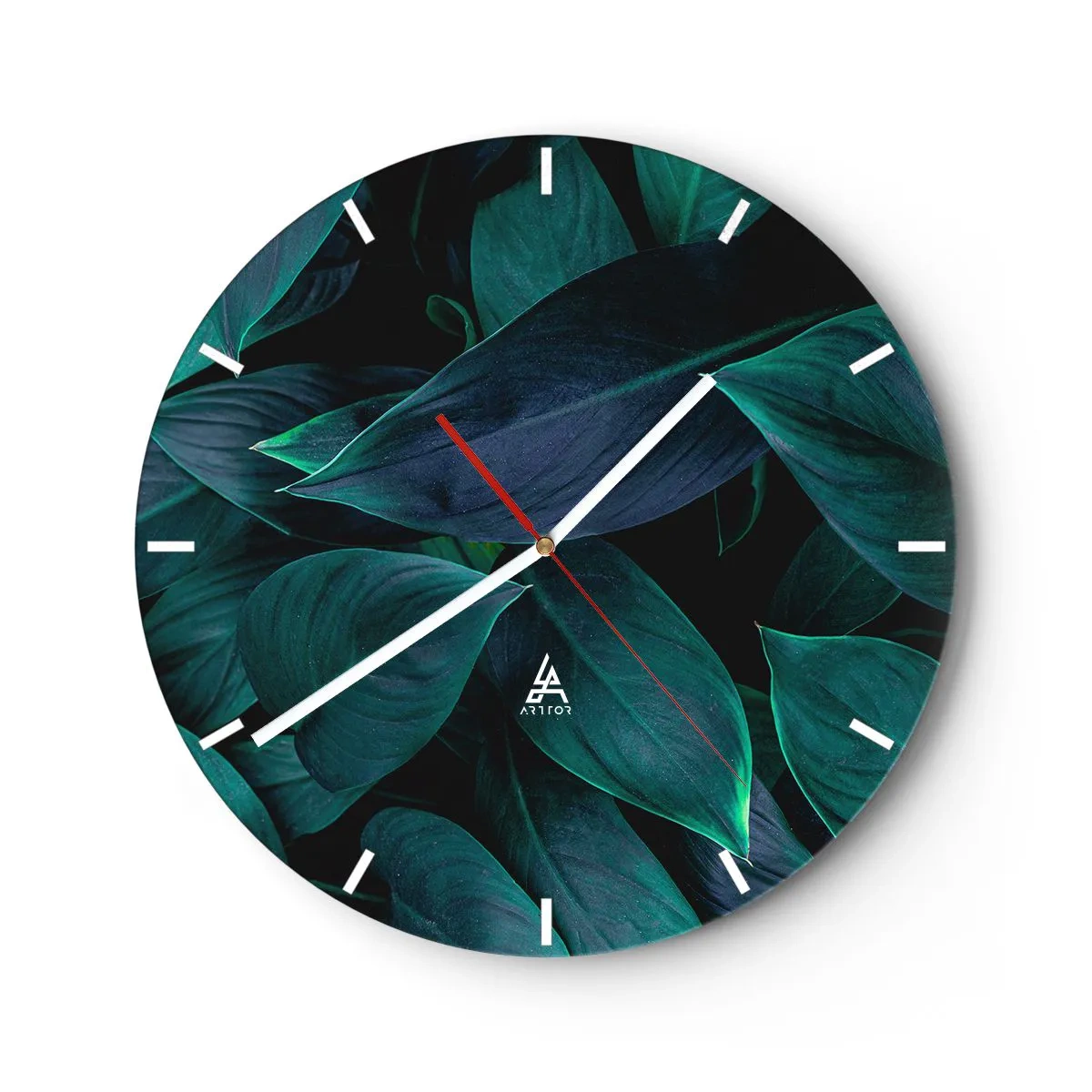Wanduhr - Glasuhr - Dunkelgrüne tropische Blätter auf schwarzem Hintergrund - 30x30cm - Grün in sich selbst - Moderne Wanddekoration für Wohnzimmer, Küche und Schlafzimmer ARTTOR