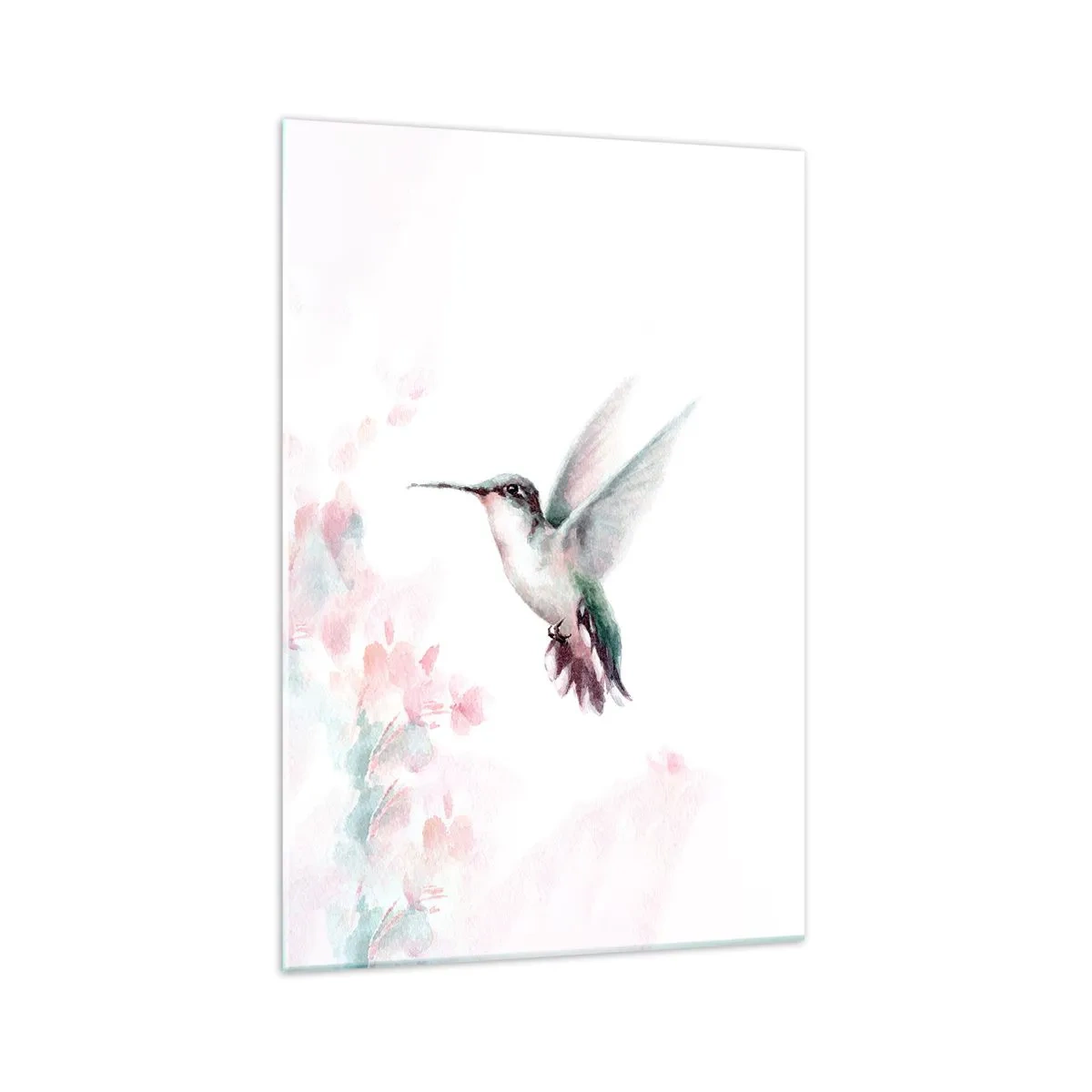 Glasbild - Bild auf glas - Ein Kolibri in zarten Pastellfarben vor einem Hintergrund aus Blumen - 70x100cm - Im Flattern gehalten - Moderne Wanddekoration für Wohnzimmer und Schlafzimmer ARTTOR