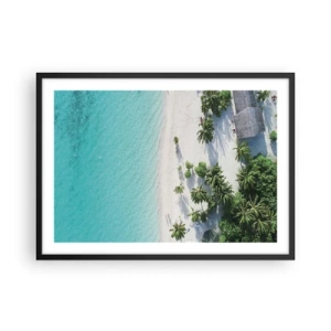 Poster in einem schwarzem Rahmen - Eine Vogelperspektive auf einen tropischen Strand mit türkisfarbenem Wasser und Palmen - 70x50cm - Urlaub im Paradies - Moderne Wanddekoration für Wohnzimmer und Schlafzimmer ARTTOR