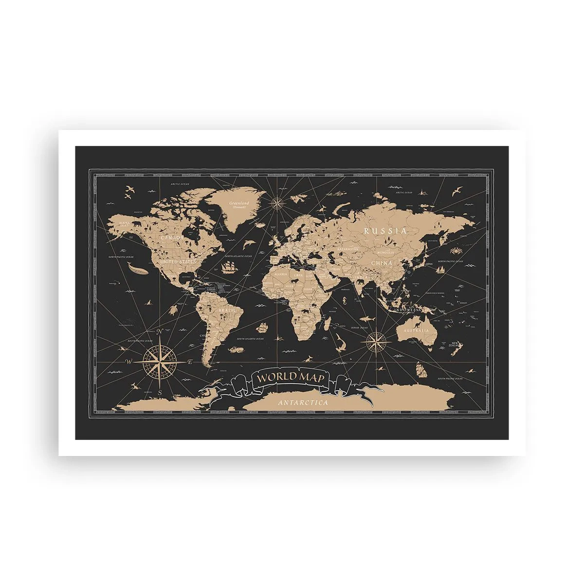 Poster - Eine stilisierte Weltkarte auf schwarzem Hintergrund mit beigen Akzenten. - 100x70cm - Die Grenzen meiner Welt - Moderne Wanddekoration für Wohnzimmer und Schlafzimmer ARTTOR
