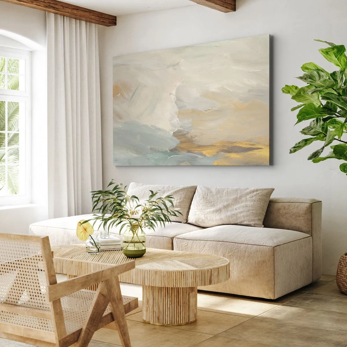 Bild auf Leinwand - Leinwandbild - Zarte abstrakte Striche in Weiß- und Goldtönen - 70x50cm - Abstraktion – das Land der Sanftheit - Moderne Wanddekoration für Wohnzimmer und Schlafzimmer ARTTOR