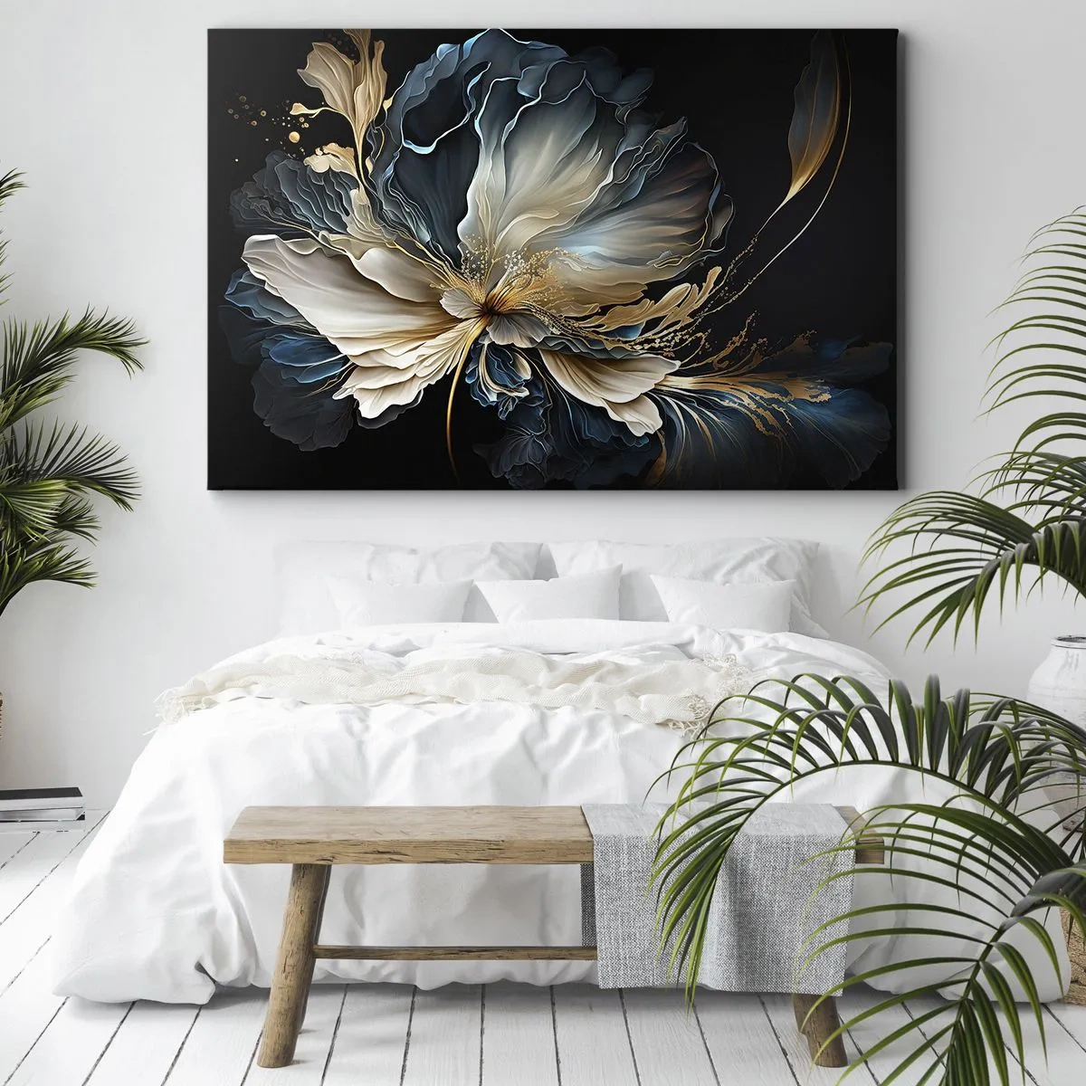Bild auf Leinwand - Leinwandbild - Eine Blume in Gold- und Marineblautönen auf schwarzem Hintergrund - 100x70cm - Märchenhafte Farnblume - Moderne Wanddekoration für Wohnzimmer und Schlafzimmer ARTTOR