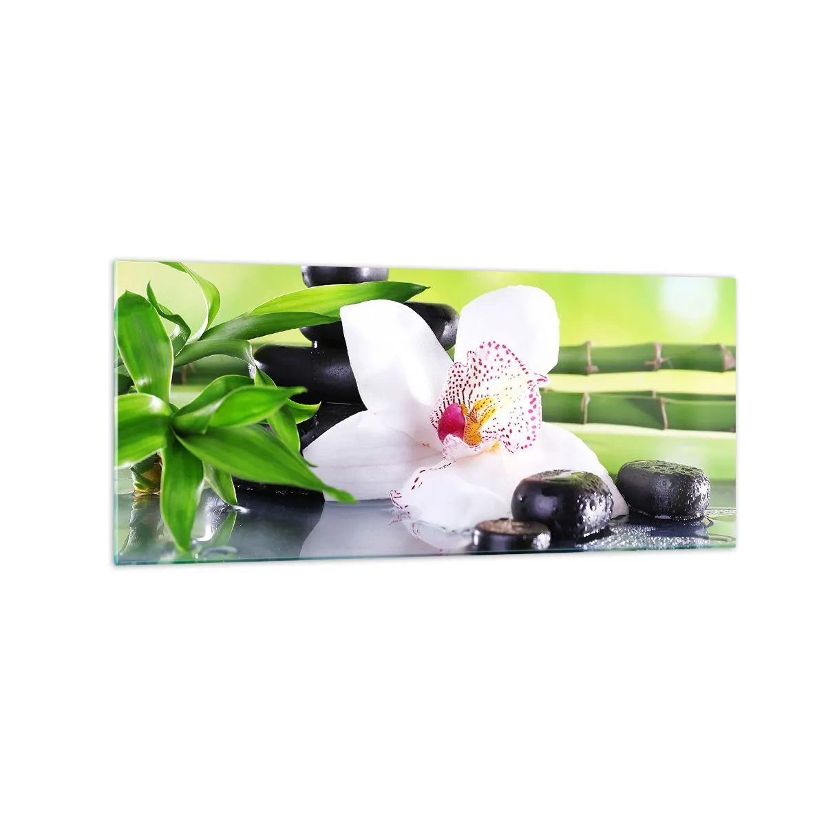 Glasbild - Bild auf glas - Orchidee, Steine und Bambus in einer harmonischen Spa-Komposition - 120x50cm - Kühle Frische - Moderne Wanddekoration für Wohnzimmer und Schlafzimmer ARTTOR