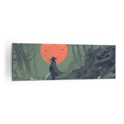 Bild auf Leinwand - Leinwandbild - Ein einsamer Krieger mit einem Schwert vor dem Hintergrund eines roten Mondes in einem dunklen Wald. - 160x50cm - Krieger des Roten Mondes - Moderne Wanddekoration für Wohnzimmer und Schlafzimmer ARTTOR