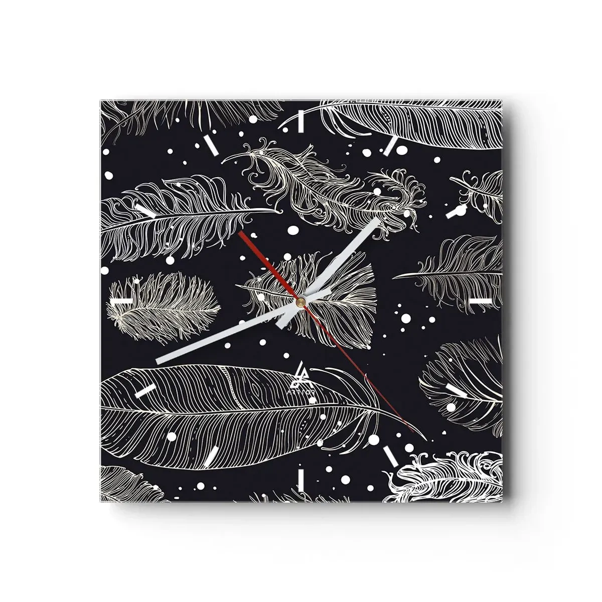 Wanduhr - Glasuhr - Zarte weiße Federn auf marineblauem Hintergrund - 30x30cm - Gefiederte Spitze - Moderne Wanddekoration für Wohnzimmer und Schlafzimmer ARTTOR