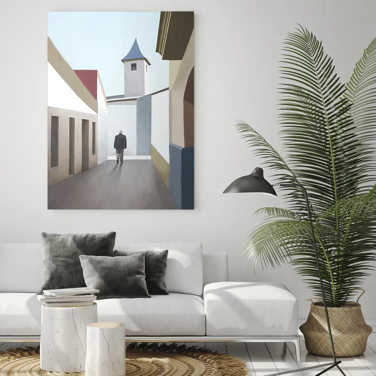 Glasbild - Bild auf glas - Eine minimalistische Straße mit der Silhouette eines Mannes im Hintergrund - 80x120cm - Sonniger Spaziergang - Moderne Wanddekoration für Wohnzimmer und Schlafzimmer ARTTOR