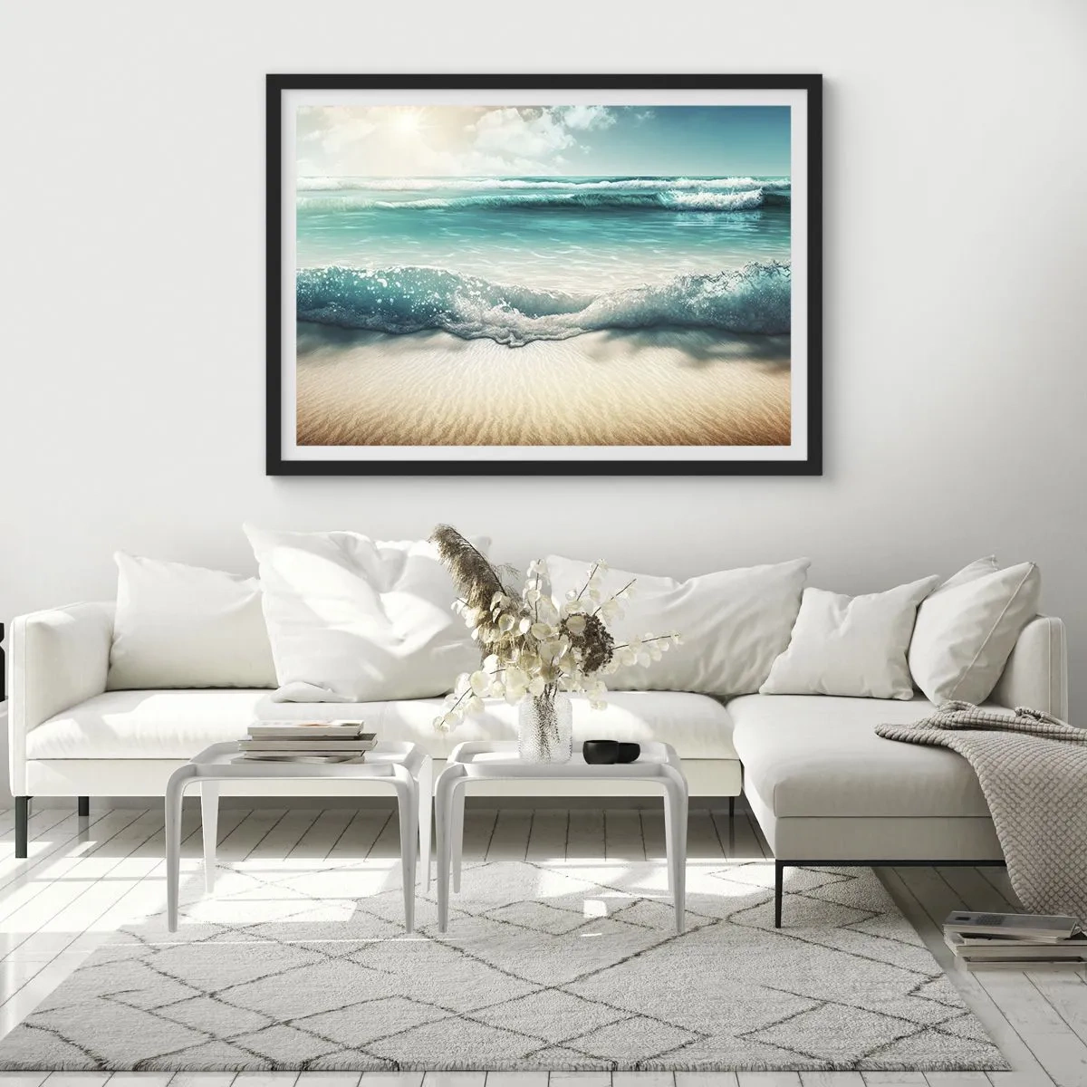Poster in einem schwarzem Rahmen - Meereswellen an einem hellen Sandstrand - 100x70cm - Frieden des Ozeans - Moderne Wanddekoration für Wohnzimmer und Schlafzimmer ARTTOR