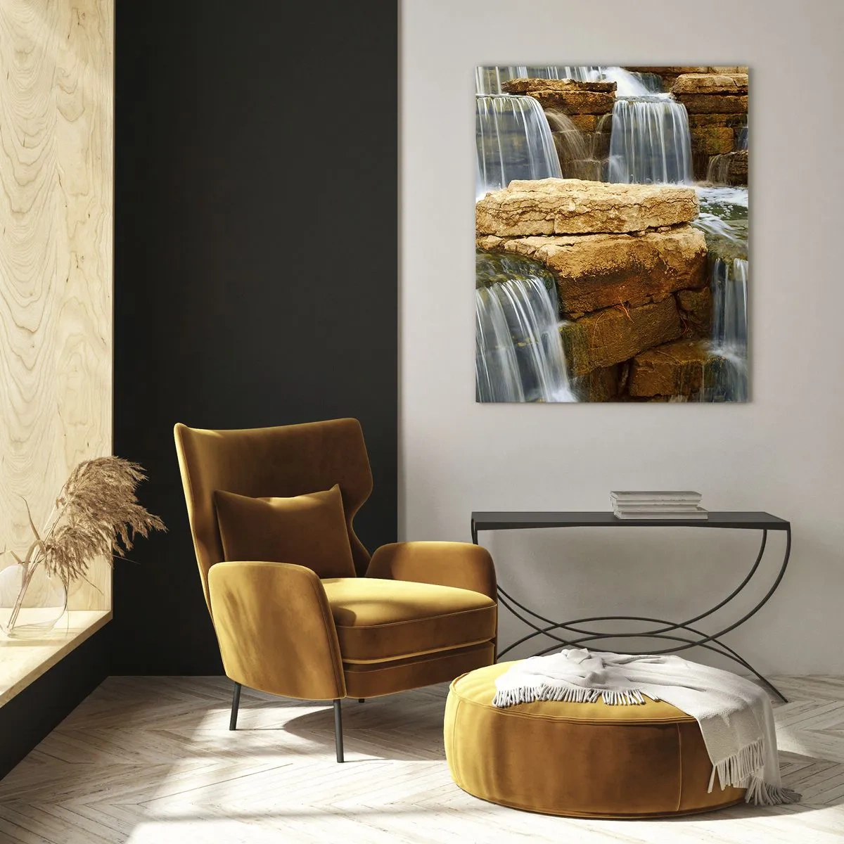 Glasbild - Bild auf glas - Ein Wasserfall, der Steinstufen hinunterfließt - 80x120cm - Treppe zum Himmel - Moderne Wanddekoration für Wohnzimmer und Schlafzimmer ARTTOR