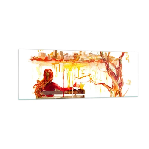 Glasbild - Bild auf glas - Aquarellszene einer Frau auf einer Bank mit Blick auf die Stadt - 140x50cm - Ein Moment der Besinnung - Moderne Wanddekoration für Wohnzimmer und Schlafzimmer ARTTOR