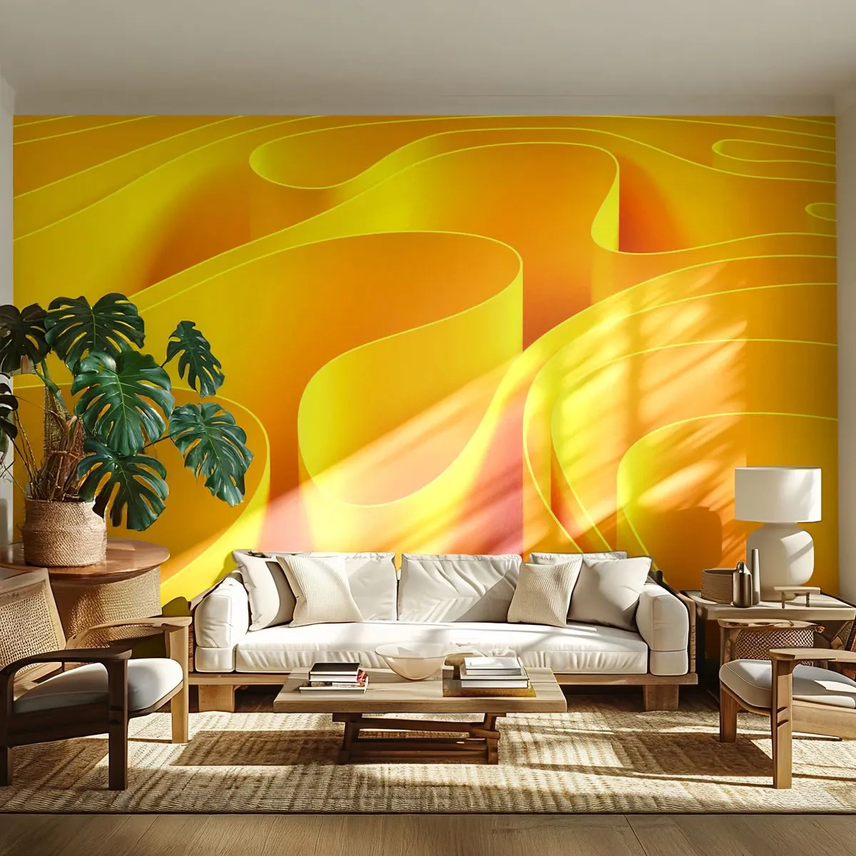 Fototapete Premium Sand - Abstrakte Wellen in Gelb- und Orangetönen - 100x70cm - Wie Sonnenwellen - Moderne Wanddekoration für Wohnzimmer und Schlafzimmer ARTTOR