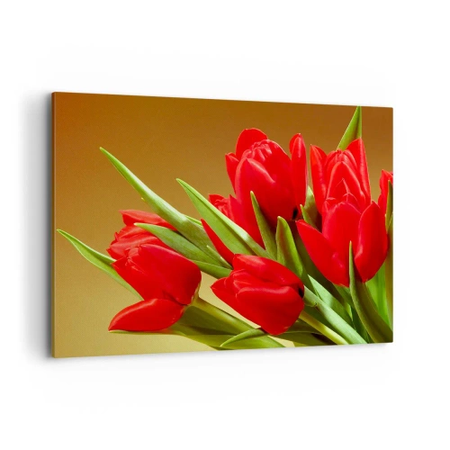 Bild auf Leinwand - Leinwandbild - Ein Strauß roter Tulpen auf goldenem Hintergrund mit grünen Blättern. - 100x70cm - Ein Haufen Frühlingsfreude - Moderne Wanddekoration für Wohnzimmer und Schlafzimmer ARTTOR