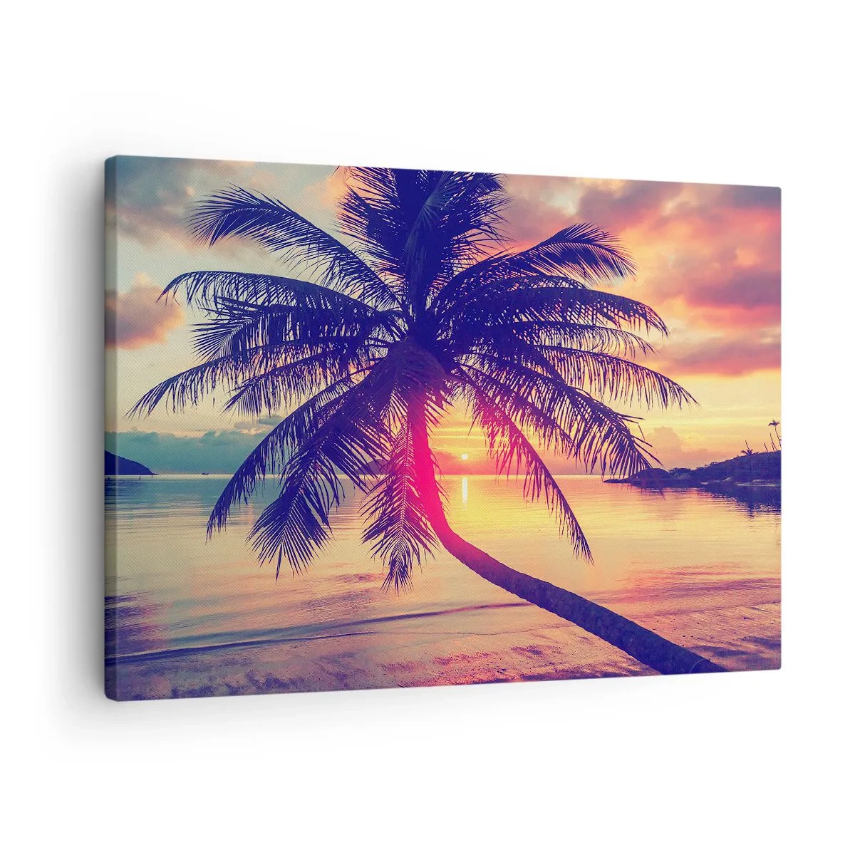 Bild auf Leinwand - Leinwandbild - Sonnenuntergang mit einer Palme über einem ruhigen Ufer - 70x50cm - Abend unter Palmen - Moderne Wanddekoration für Wohnzimmer und Schlafzimmer ARTTOR