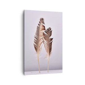 Bild auf Leinwand - Leinwandbild - Zarte Federn auf hellem Untergrund im minimalistischen Stil - 80x120cm - Gegen das Nichts - Moderne Wanddekoration für Wohnzimmer und Schlafzimmer ARTTOR