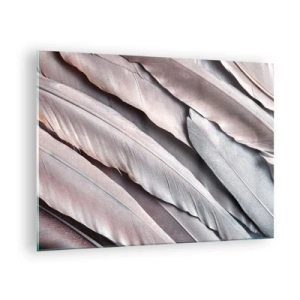 Glasbild - Bild auf glas - Nahaufnahme von pastellfarbenen Federn in Rosa- und Silbertönen - 70x50cm - In rosa Silber - Moderne Wanddekoration für Wohnzimmer und Schlafzimmer ARTTOR