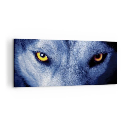 Bild auf Leinwand - Leinwandbild - Nahaufnahme des intensiven Blicks eines Wolfes vor dunklem Hintergrund - 120x50cm - Faszinierender Blick - Moderne Wanddekoration für Wohnzimmer und Schlafzimmer ARTTOR