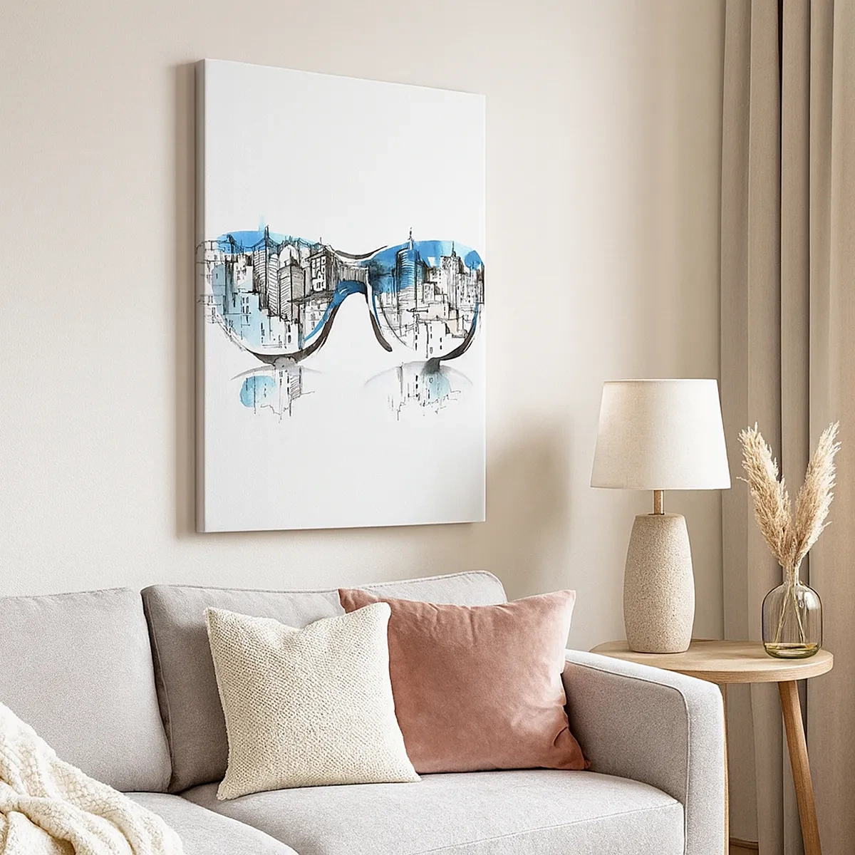 Bild auf Leinwand - Leinwandbild - Aquarell des Stadtpanoramas, das sich in den Gläsern spiegelt - 50x70cm - Großstadt-Chic - Moderne Wanddekoration für Wohnzimmer und Schlafzimmer ARTTOR
