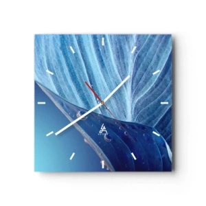 Wanduhr - Glasuhr - Ein blaues Blatt mit sichtbaren Wassertropfen - 30x30cm - Versteckte Tropfen vom Blau - Moderne Wanddekoration für Wohnzimmer und Schlafzimmer ARTTOR