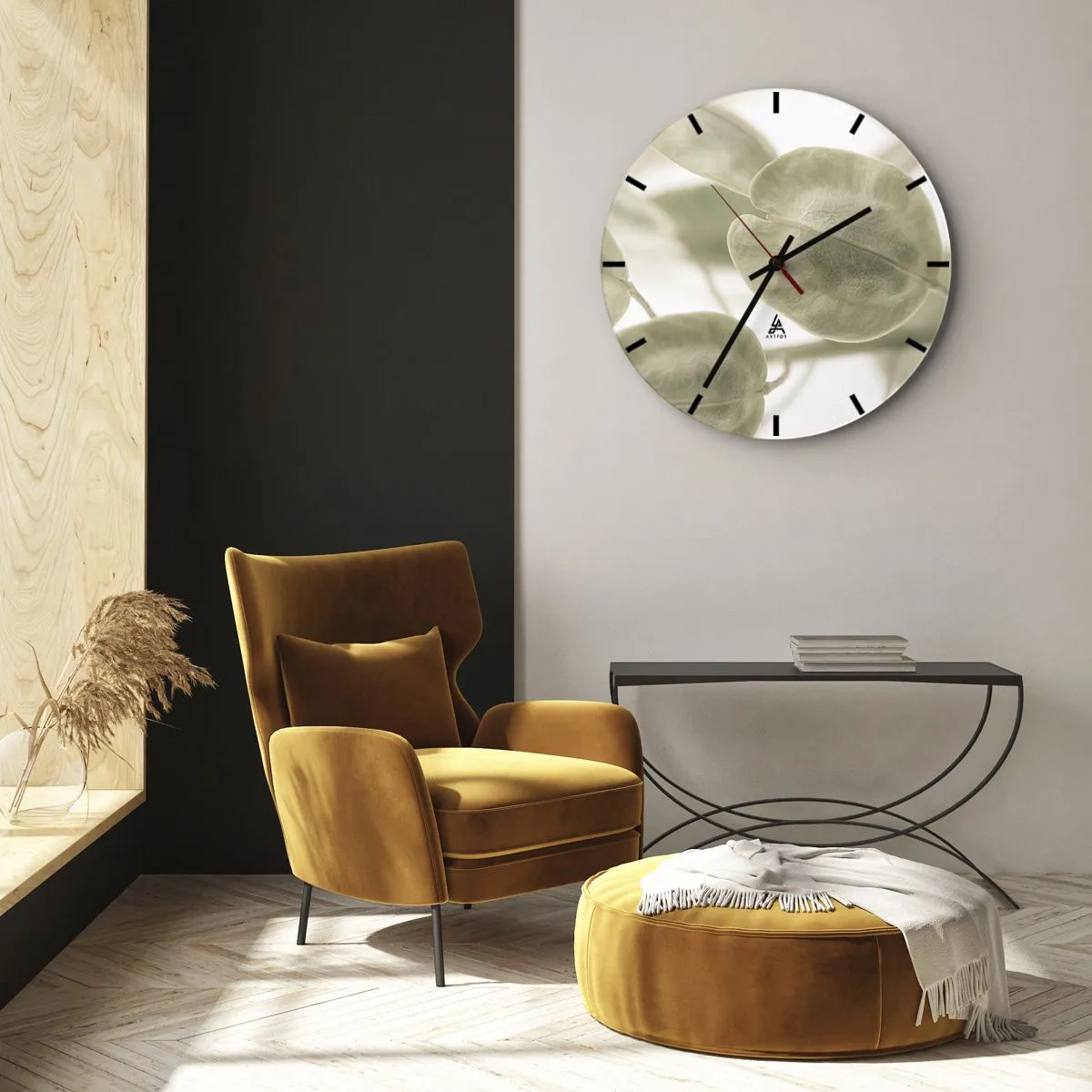 Wanduhr - Glasuhr - Dezente pastellgrüne Blätter auf hellem Hintergrund - 30x30cm - Am Anfang waren Blätter... - Moderne Wanddekoration für Wohnzimmer, Küche und Schlafzimmer ARTTOR