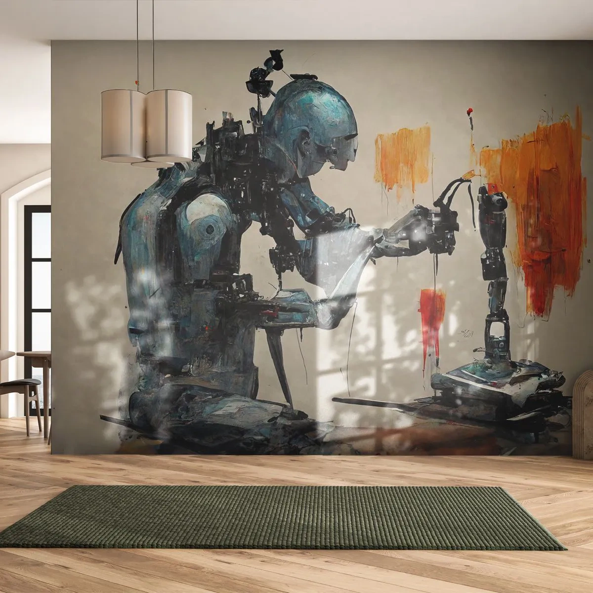Fototapete Premium Sand - Ein Roboter montiert vor einem Hintergrund aus Farbflecken eine mechanische Hand. - 100x70cm - Schon morgen… - Moderne Wanddekoration für Wohnzimmer und Schlafzimmer ARTTOR